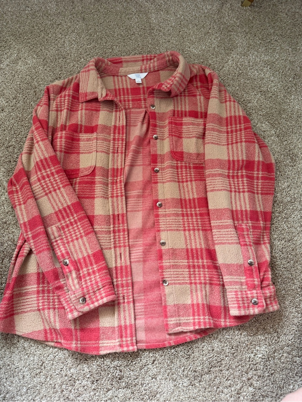 Women’s Pinkish Tan Plaid Button-Up Shirt Jacket